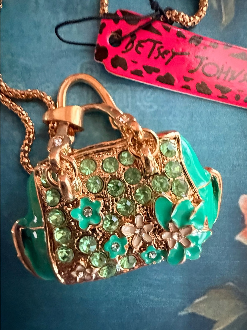 Betsey Johnson Turquoise Green Crystal Flower Mini Bag Pendant